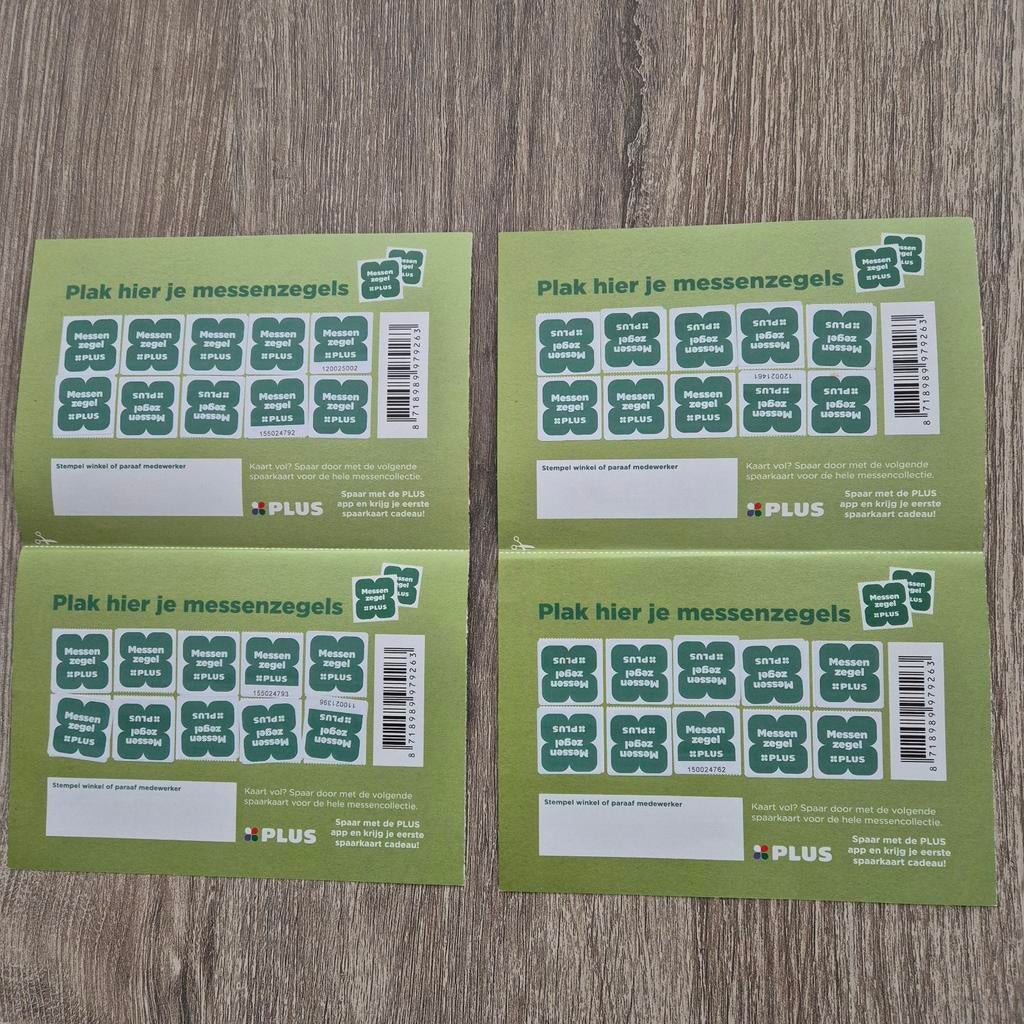 Volle spaarkaarten Plus messen zegels €2,50 per kaart, Verzamelen, Supermarktacties, Plus, Verzenden