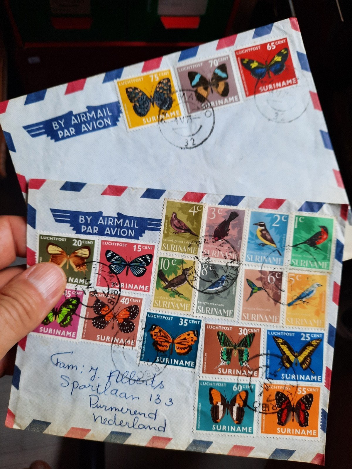 Suriname luchtpost enveloppen met vlinderzegels, Verzenden, Na 1940, Gestempeld