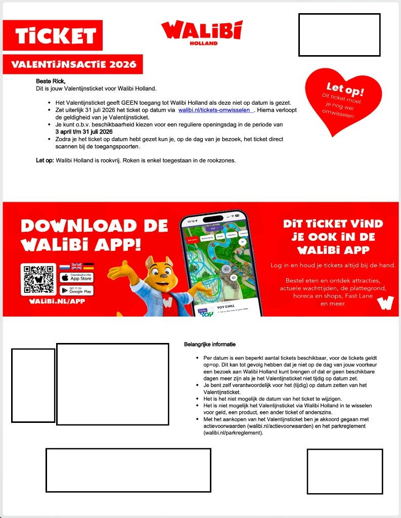 Walibi tickets 29, 30 of 31 juli. €20,- per stuk., Eén persoon