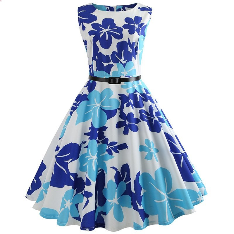 Vintage blauw wit bloemen jurkje rockabilly retro dames, Verzenden, Nieuw, Meerkleurig, Knielengte