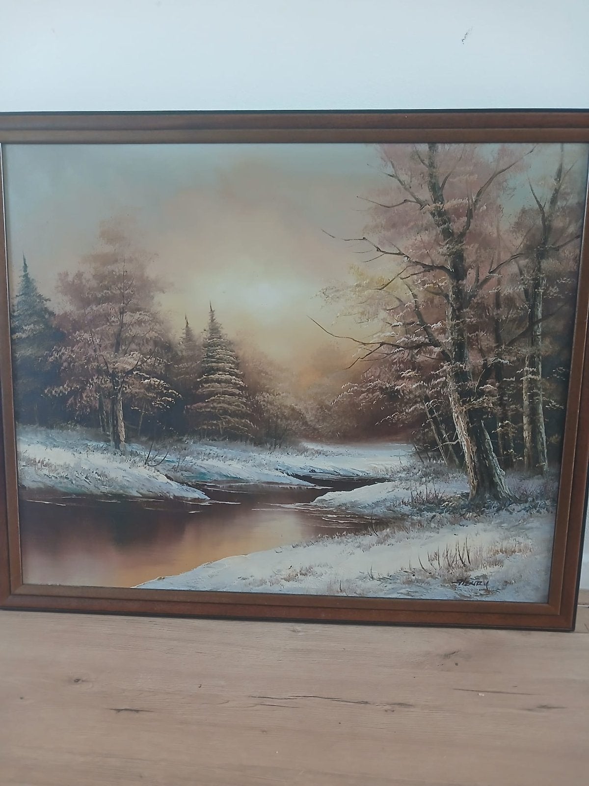 Schilderij Winterlandschap met rivier - Gesigneerd Henry, Ophalen, Doek, Realistisch, Gesigneerd