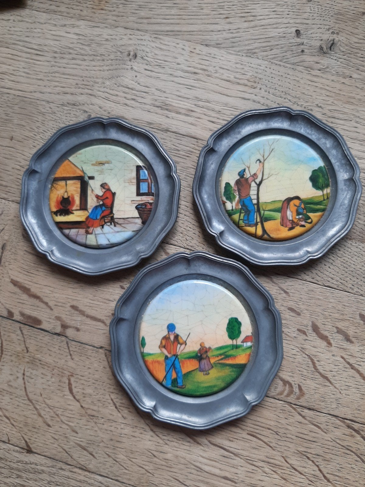 Set van 3 vintage tinnen onderzetters met tegeltjes, Antiek en Kunst, Ophalen of Verzenden