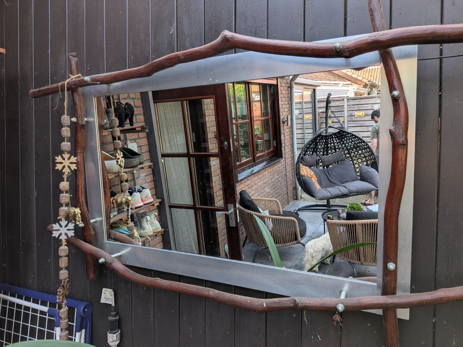 Unieke spiegel met houten decoratie - Blikvanger!, Ophalen
