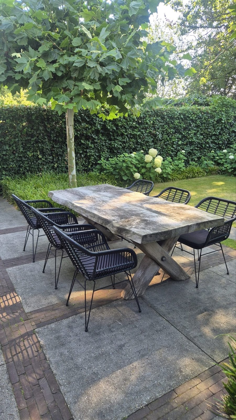 Robuuste houten tuintafel met 6 stoelen, Ophalen, Gebruikt, Rechthoekig, Hout