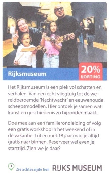 Rijksmuseum 20% kortingsbon, Tickets en Kaartjes, Drie personen of meer, Kortingskaart