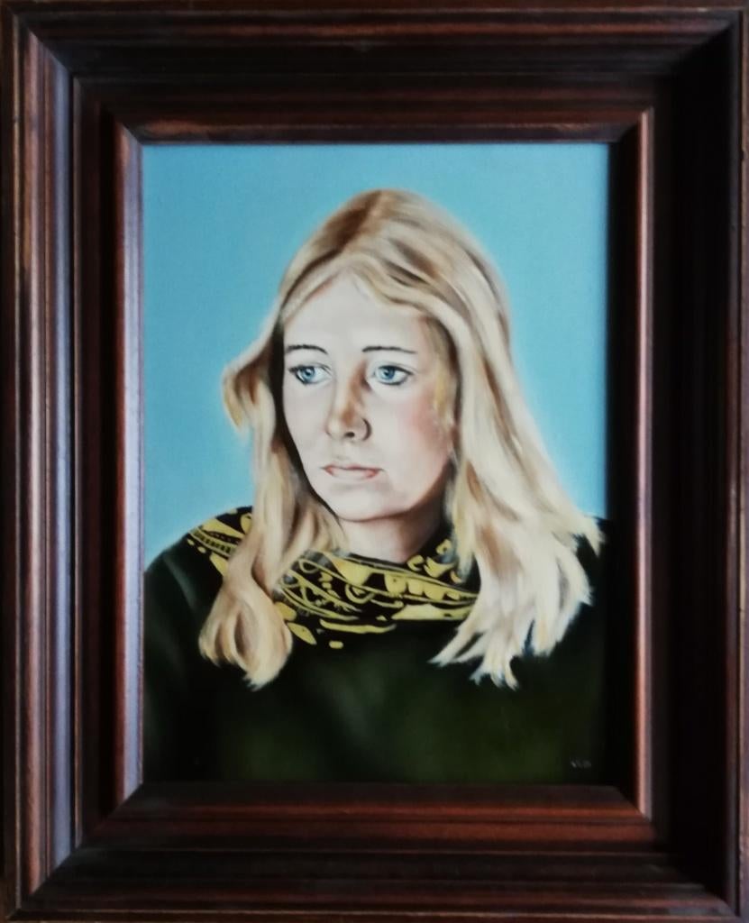 Schilderij vrouw in houten lijst - schilder R, Antiek en Kunst, Kunst | Schilderijen | Modern, Ophalen of Verzenden