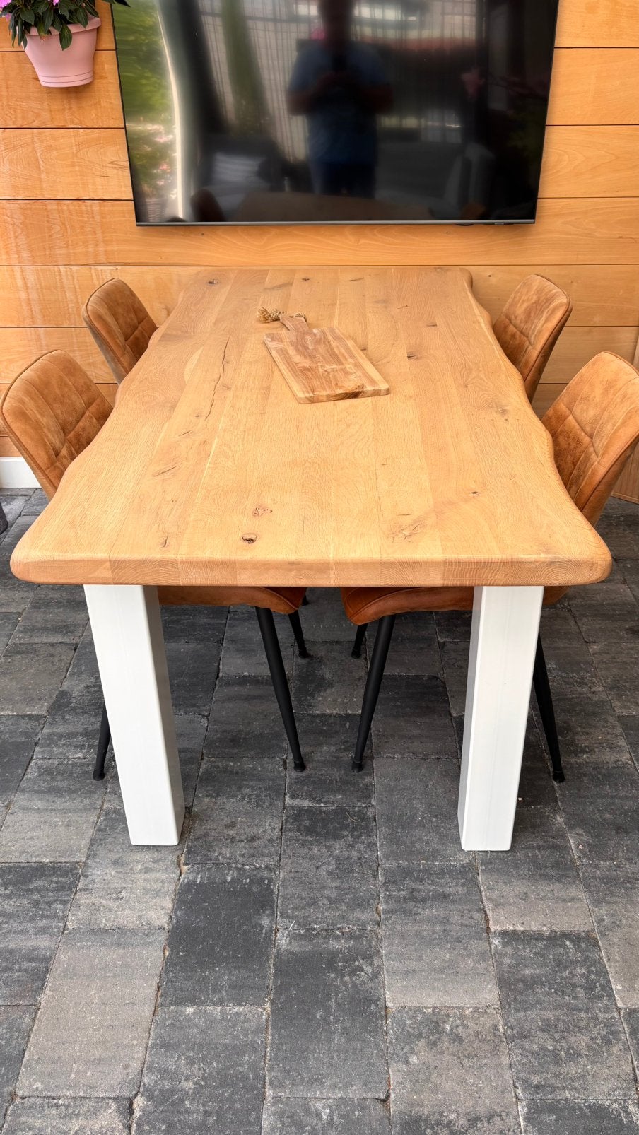 Eikenhouten eettafel (L=180 B= 90 H= 70 cm.)met stalen poten, Tuin en Terras, Tuinsets en Loungesets, Ophalen, Zo goed als nieuw