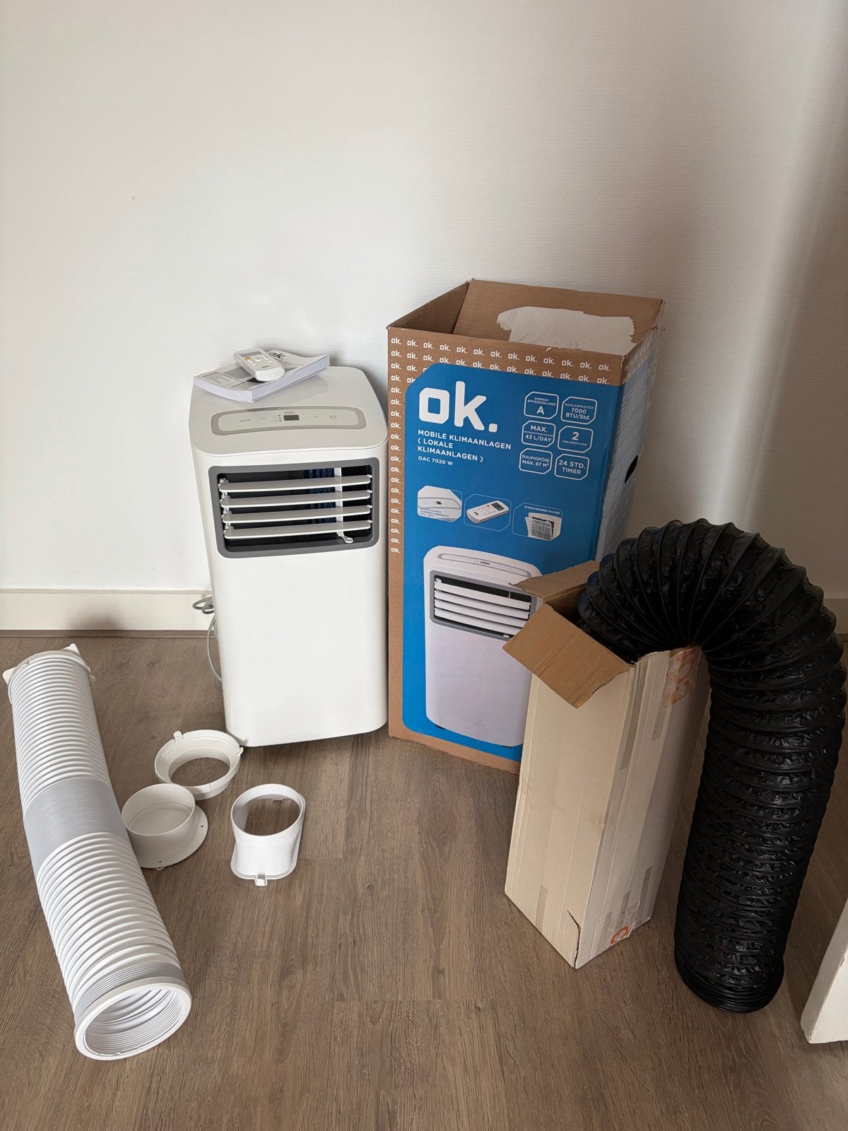 OK Arico 7000 BTU Mobiele Airco ZGAN met extra slang, Witgoed en Apparatuur, Airco's, Ophalen, Minder dan 60 m³, 2 snelheden, Zo goed als nieuw