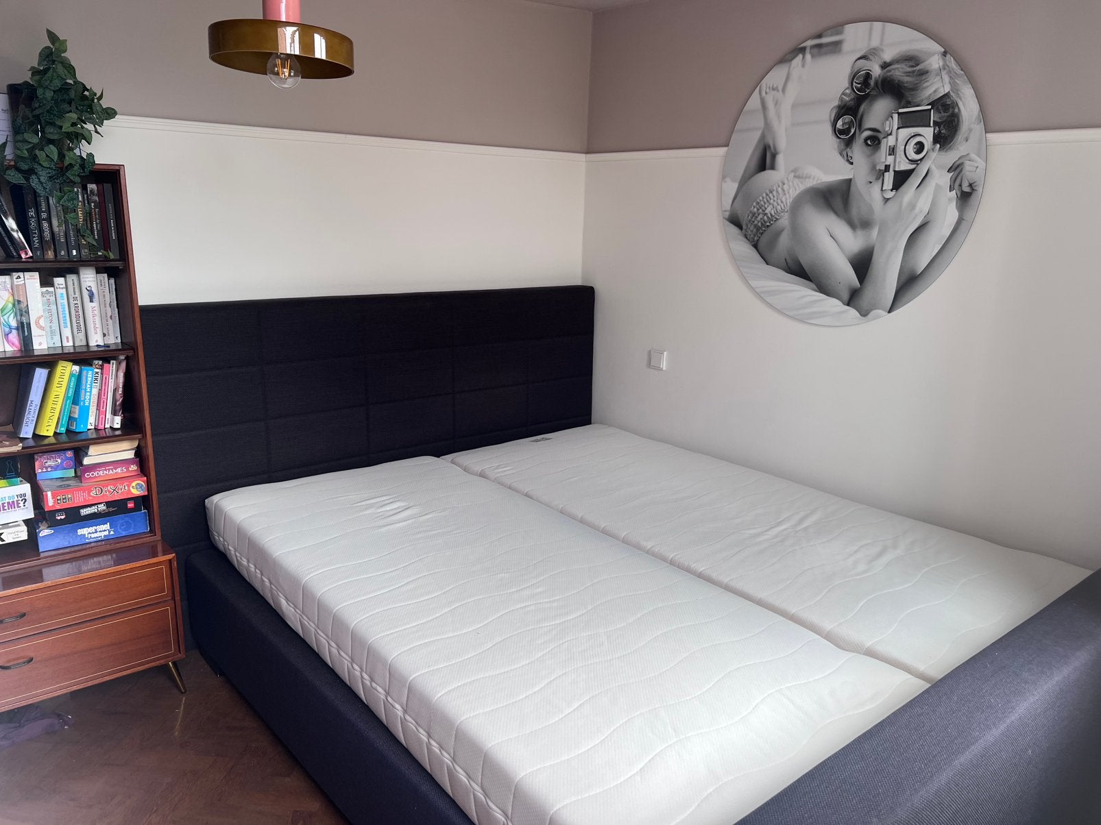 Tweepersoons bed boxspring 180 x 220 cm - incl. matrassen, Huis en Inrichting, Ophalen, Bruin, Tweepersoons, Zo goed als nieuw