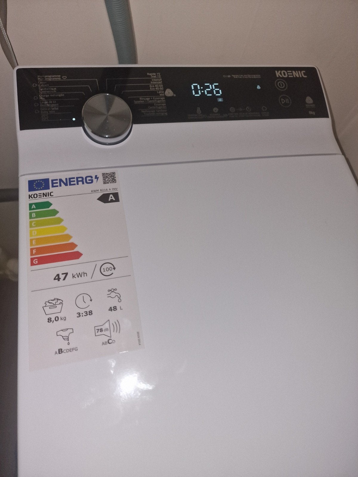 Koenic Bovenlader Wasmachine 8kg - Zo goed als nieuw, Ophalen, 1200 tot 1600 toeren, Energieklasse A of zuiniger, Zo goed als nieuw