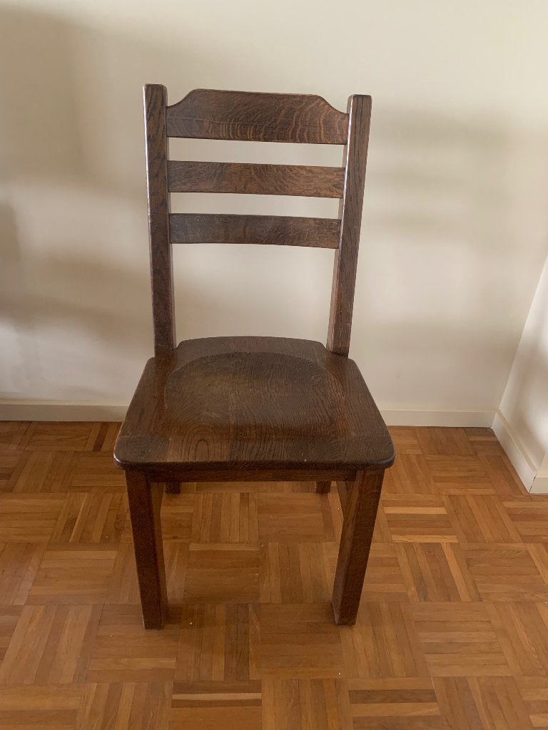 Vier houten eetkamerstoelen, Huis en Inrichting, Stoelen, Ophalen, Gebruikt, Bruin, Vier
