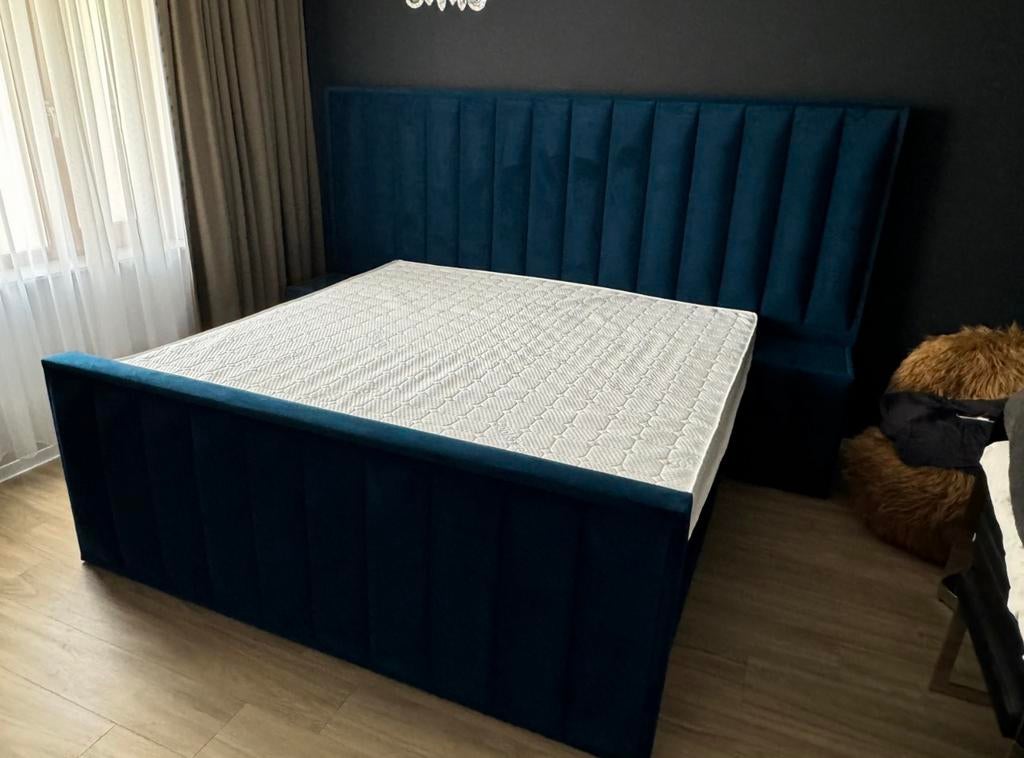 Boxspring 180x200 luxe met voetbord, Ophalen, Blauw, 180 cm, 200 cm