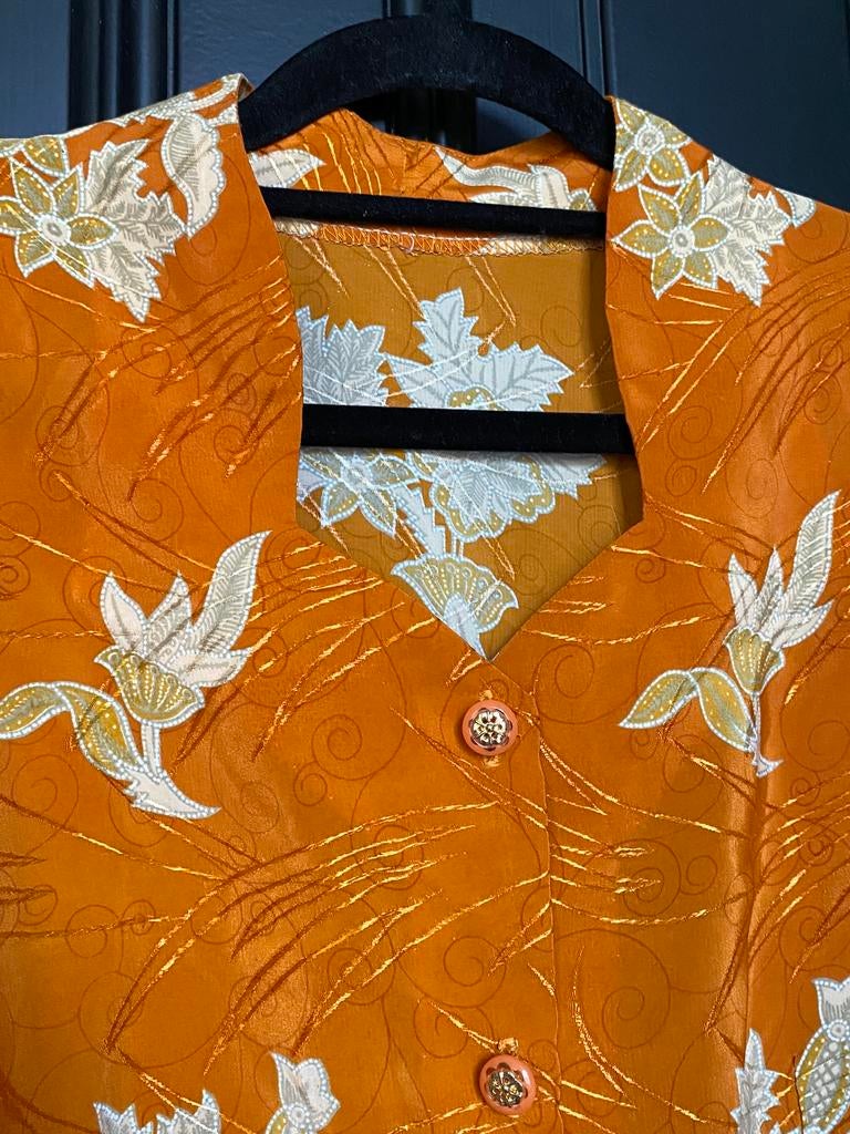 Vintage Aziatische stijl tuniek qipao kraag bloemenprint, Ophalen of Verzenden, Zo goed als nieuw, Maat 38/40 (M), Oranje