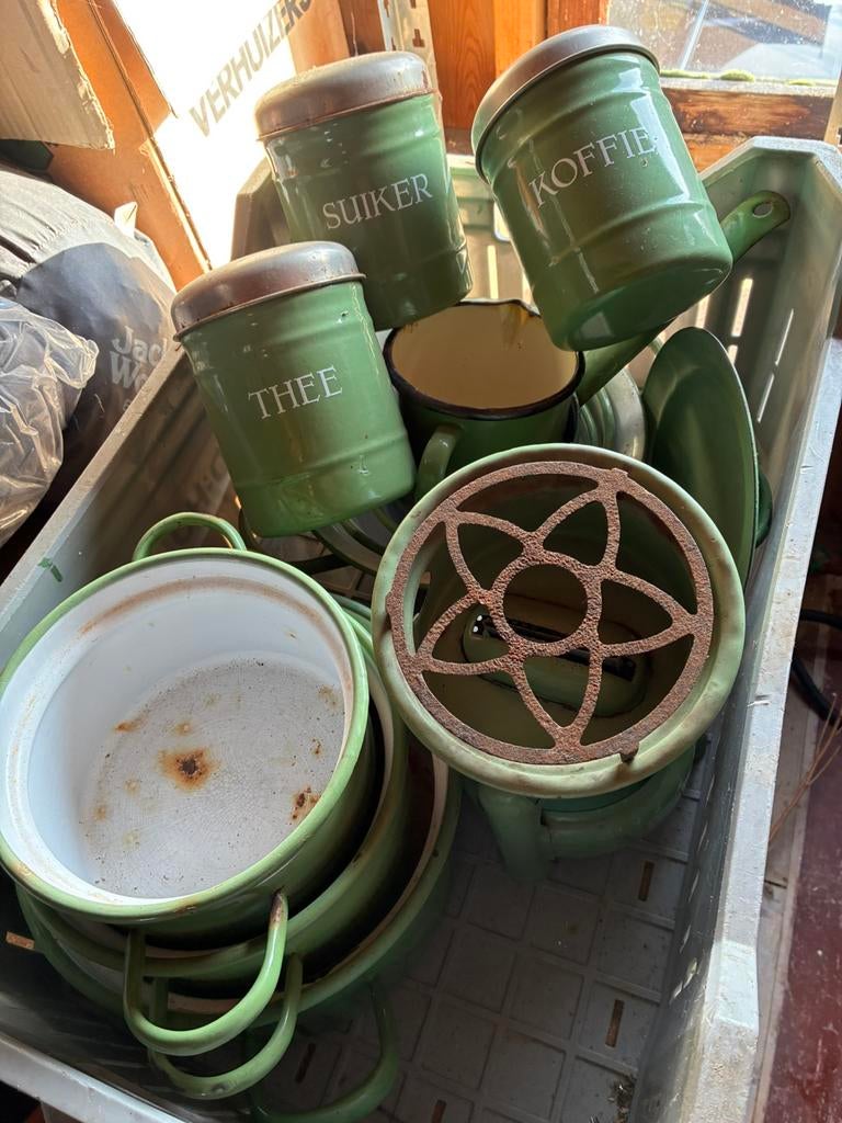 Te koop vintage set groen emaille, Ophalen, Gebruikt, Overige materialen
