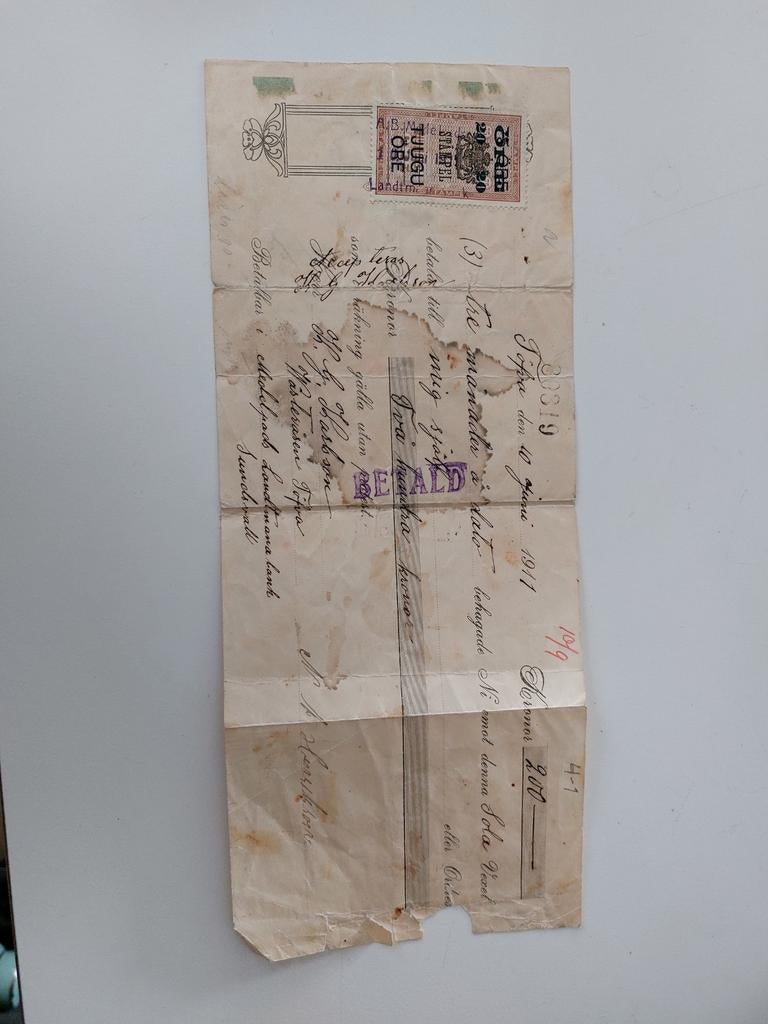 Zweden reçu betaling 1911 met fiscale zegel, Ophalen of Verzenden, Zweden, Gestempeld
