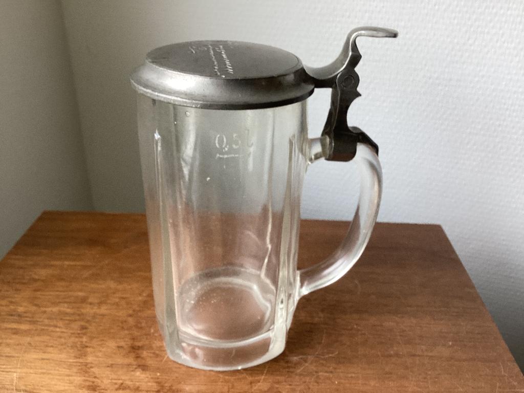 Antieke glazen bierpul met tinnen deksel Archermann Duits, Ophalen of Verzenden