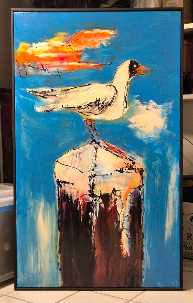Schilderij van Arno Overdevest, meeuw op meerpaal, Ophalen