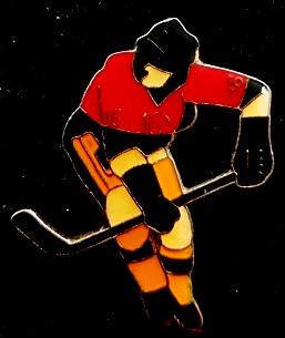 IJshockey speler pin- rood-geel, Verzamelen, Speldjes, Pins en Buttons, Ophalen of Verzenden, Nieuw, Transport, Speldje of Pin