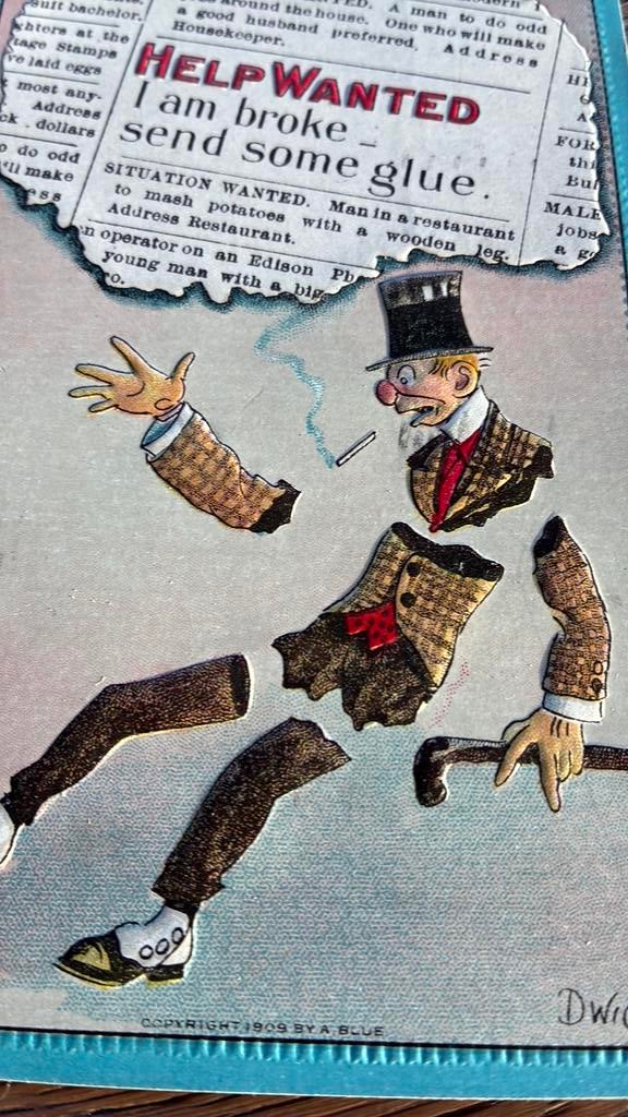 Humor.Reliefkaart .HULP gevraagd, LIJM, ik ben gebroken.1922, Ophalen of Verzenden, Gelopen, Overige thema's