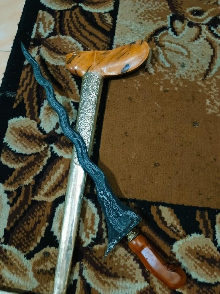 Antieke Keris Sabuk Tali 11 Luk Pamor Dwiwarna Gayaman SVC82, Verzenden
