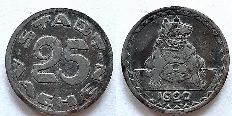 Noodmunt Aachen 25 pfennig 1920 Berin Medailleslag type 2, Postzegels en Munten, Munten | Europa | Niet-Euromunten, Duitsland