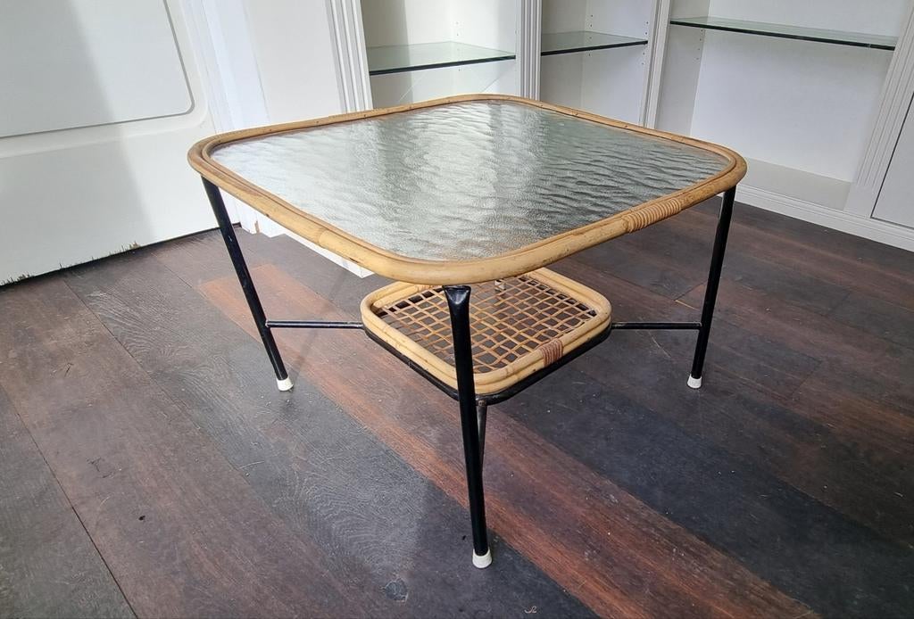 Vintage rotan salon tafel, 55 tot 75 cm, Ophalen, 45 tot 60 cm, Vierkant