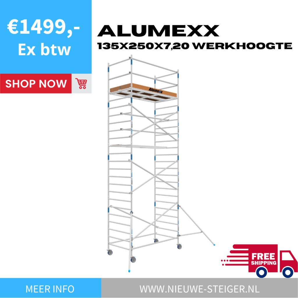 Alumexx 135x250x7,20 Werkhoogte , Gratis bezorging !, Doe-het-zelf en Verbouw, Steigers, Ophalen of Verzenden, Nieuw, Rolsteiger of Kamersteiger