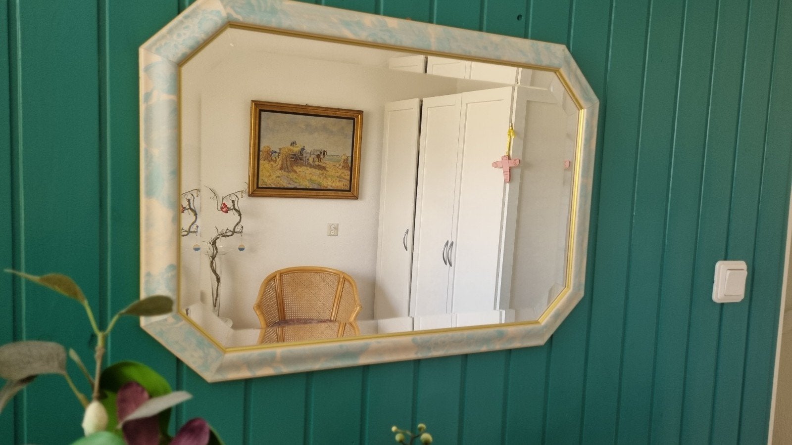 Vintage spiegel met unieke achthoekige lijst, Antiek en Kunst, Ophalen, Overige vormen, 50 tot 100 cm