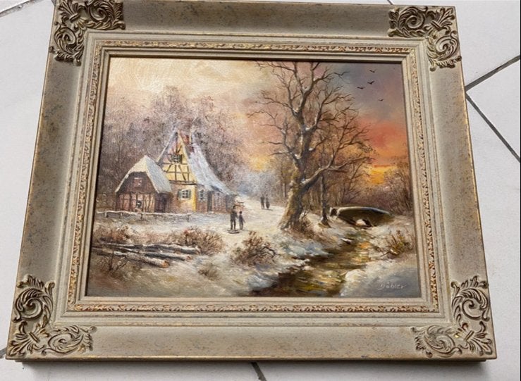Origineel Schilderij Erich Döbler - Winters Tafereel, Doek, Realistisch, Ophalen of Verzenden, Gesigneerd