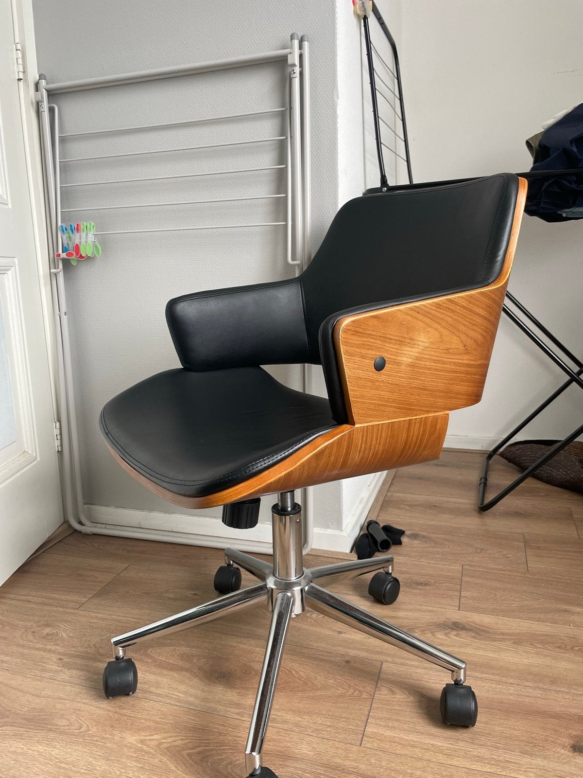 Walnoothouten Bureaustoelen 2stuks - Zwart Leer