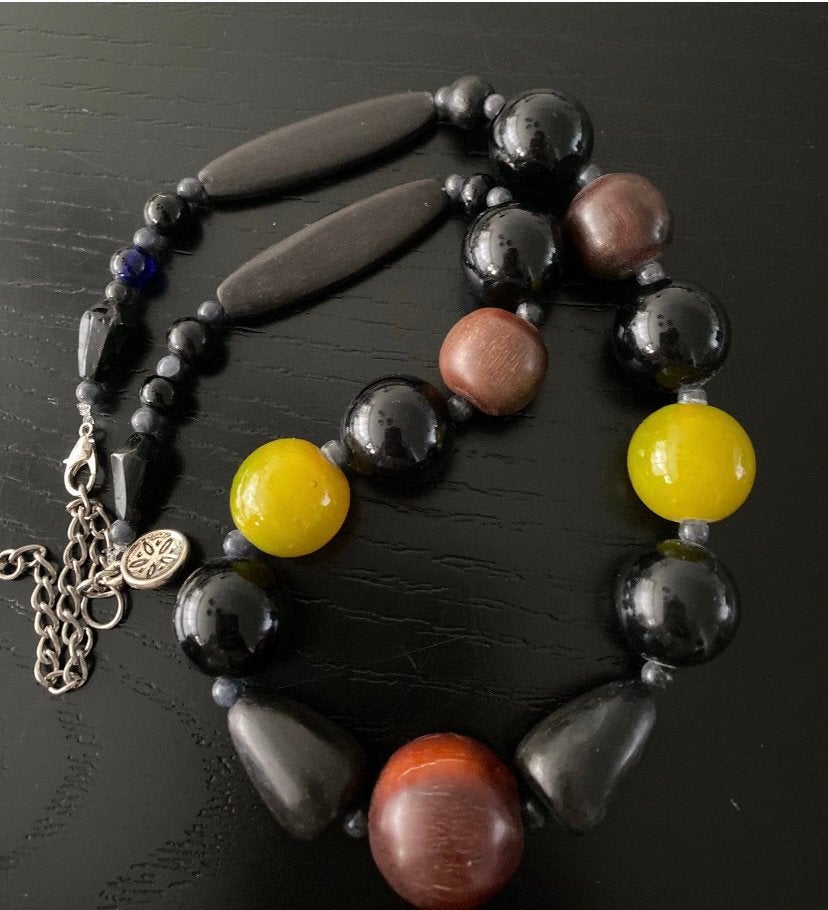 Vintage artglas & houten kralenketting-50 cm, Sieraden, Tassen en Uiterlijk, Ophalen of Verzenden, Zo goed als nieuw, Bruin, Overige materialen