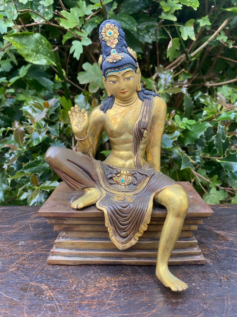 Bodhisattva beeld Brons Goldface 20 cm nepal, Gesigneerd, Ophalen of Verzenden, Zo goed als nieuw, Nvt