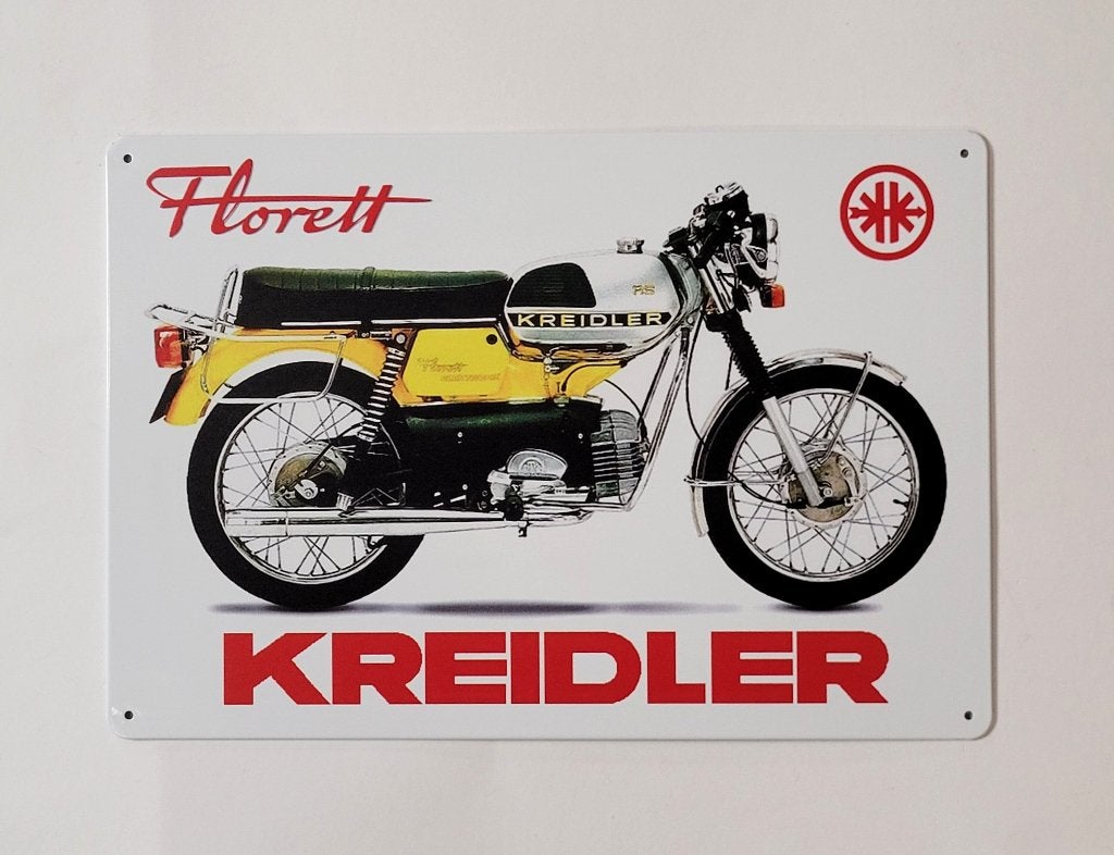 Kreidler Florett geel reclamebord van metaal wandbord deco, Reclamebord, Info@deconoord.nl, Deco Noord, Nieuw