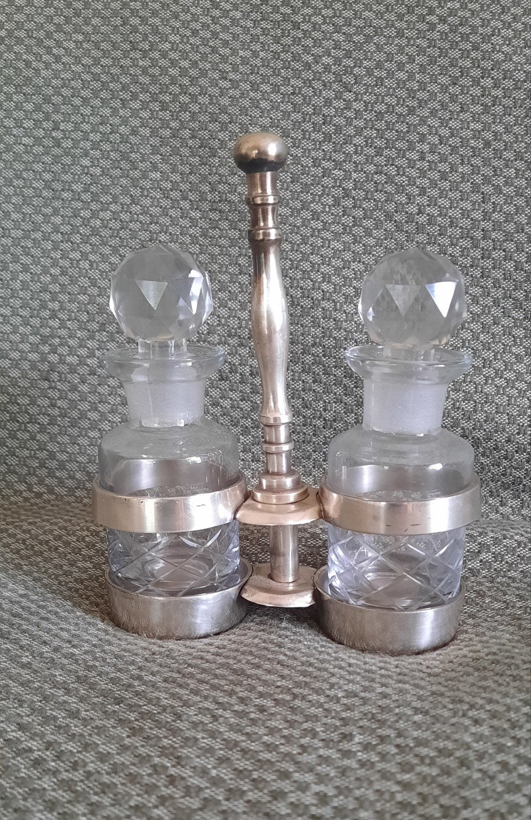 Vintage Olie- en Azijnstel van Geslepen Glas en Metaal, Antiek en Kunst, Ophalen of Verzenden