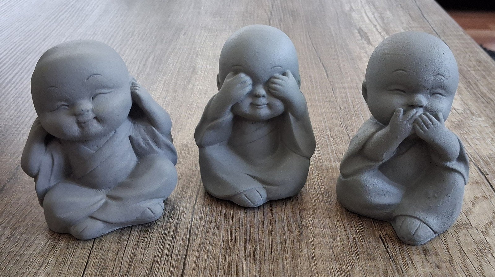 Set van 3 Boeddha beeldjes: Horen, Zien, Zwijgen, Ophalen, Gebruikt, Grijs, Set