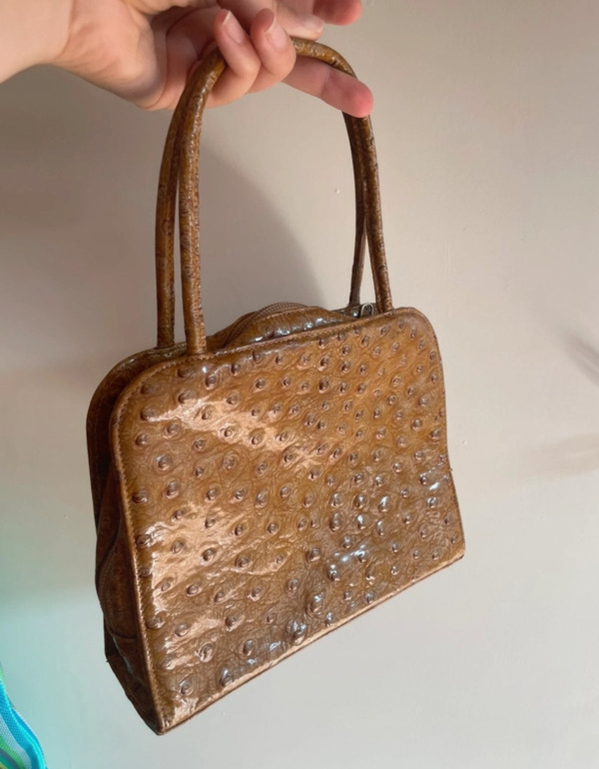 Harrie Hendriks Vintage Handtasje - Struisvogel Lakprent, Verzenden, Gebruikt, Bruin, Handtas