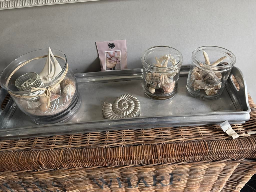 Riviera Maison decoratie set op dienblad, Ophalen of Verzenden, Glas, Zilver, Landelijk