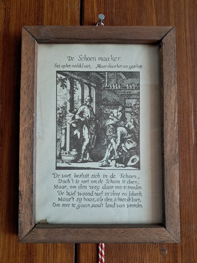 Antieke ingelijste prent 'De Schoen maaker', Antiek en Kunst, Kunst | Etsen en Gravures, Ophalen