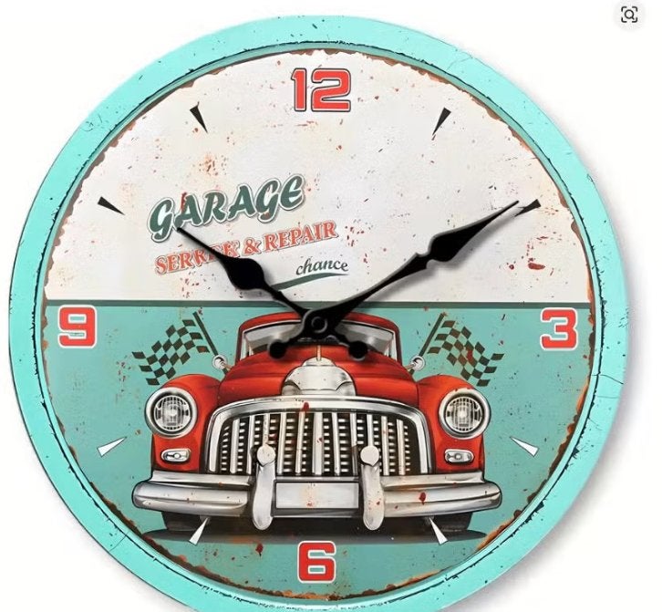 Ronde wandklok van hout Vintage auto tekening (25cm), Ophalen of Verzenden, Nieuw, Wandklok