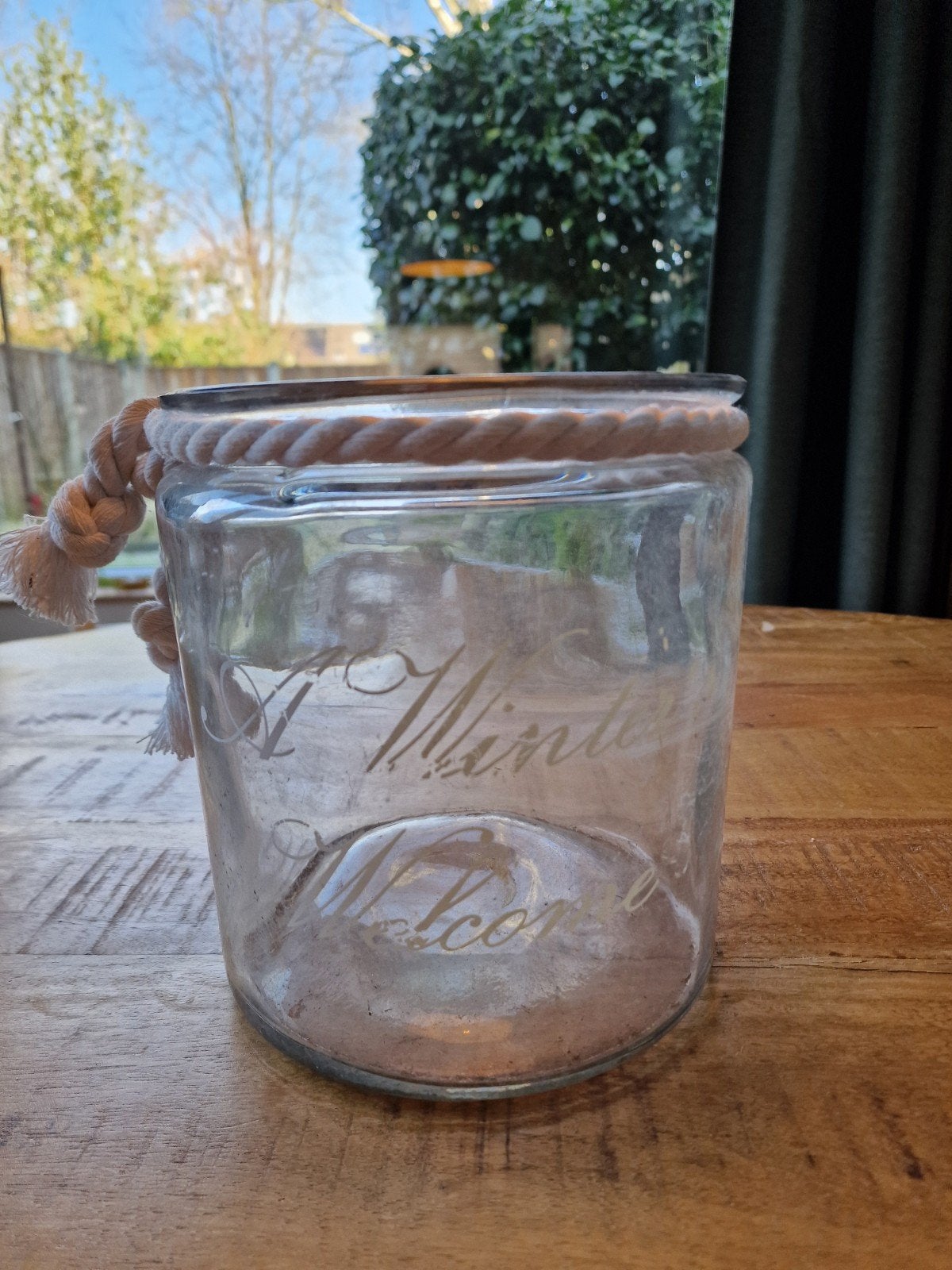 Glazen pot met touw en 'A Winter Welcome' opdruk, Ophalen of Verzenden, Gebruikt, Glas, Landelijk