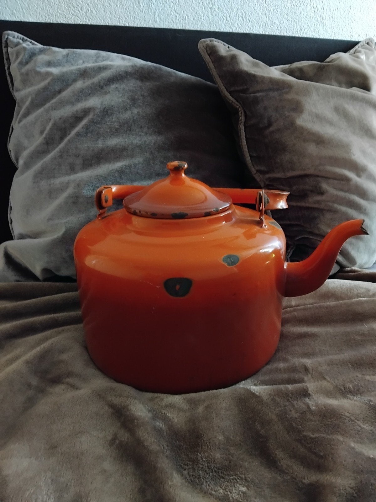 Vintage Oranje Emaille water ketel/koker, Antiek en Kunst, Ophalen of Verzenden