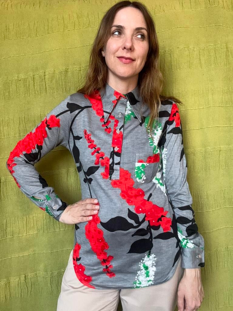 Vintage shirt / blouse jaren 70 - grijs - puntkraag - 38/M, Kleding | Dames, Blouses en Tunieken, Hgv, Hgv, Ophalen of Verzenden