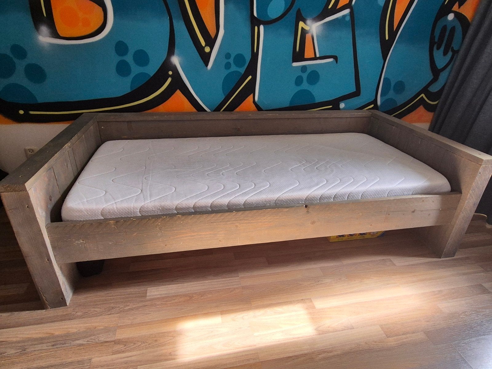 eenpersoonsbed steigerhout, Huis en Inrichting, Slaapkamer | Bedden, Ophalen, Gebruikt, 90 cm, Eenpersoons