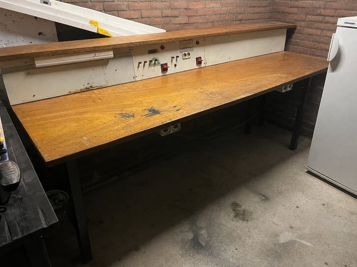 Unieke industriële werkbank 244x100 cm – vintage met elektra, Ophalen, Gebruikt, 170 cm of meer