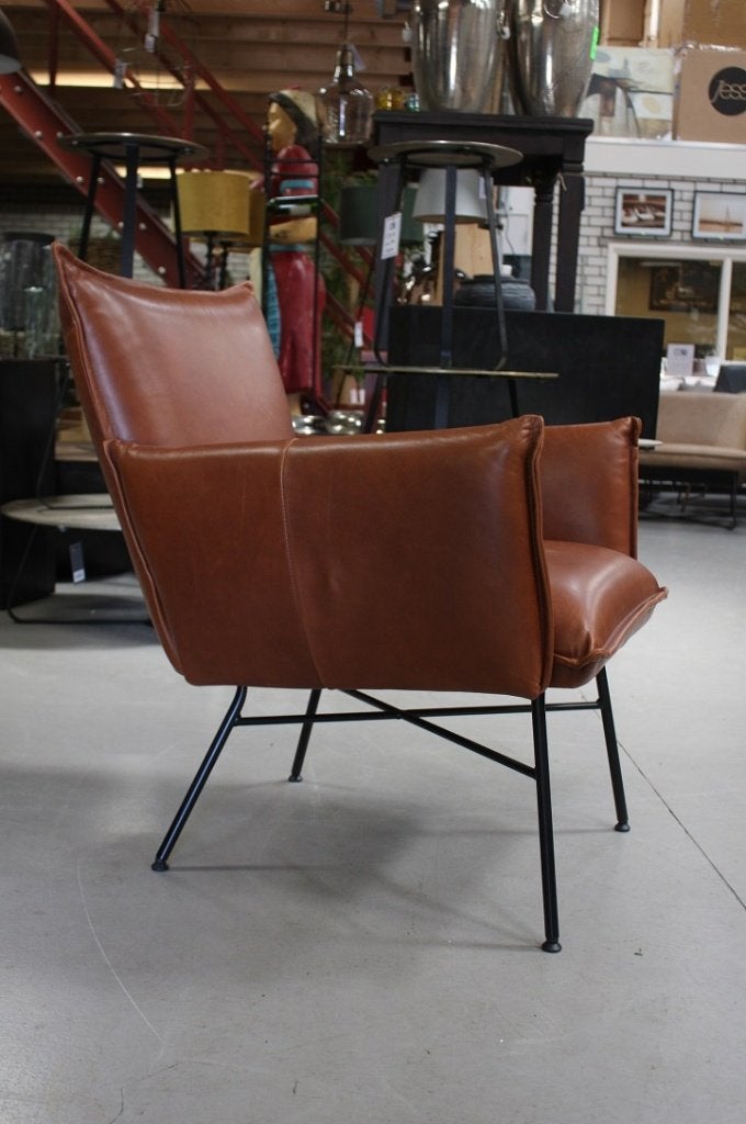 Luxe fauteuil Sanne Jess design metaal leer bruin cognac, Ophalen, 75 tot 100 cm, Zo goed als nieuw, Leer