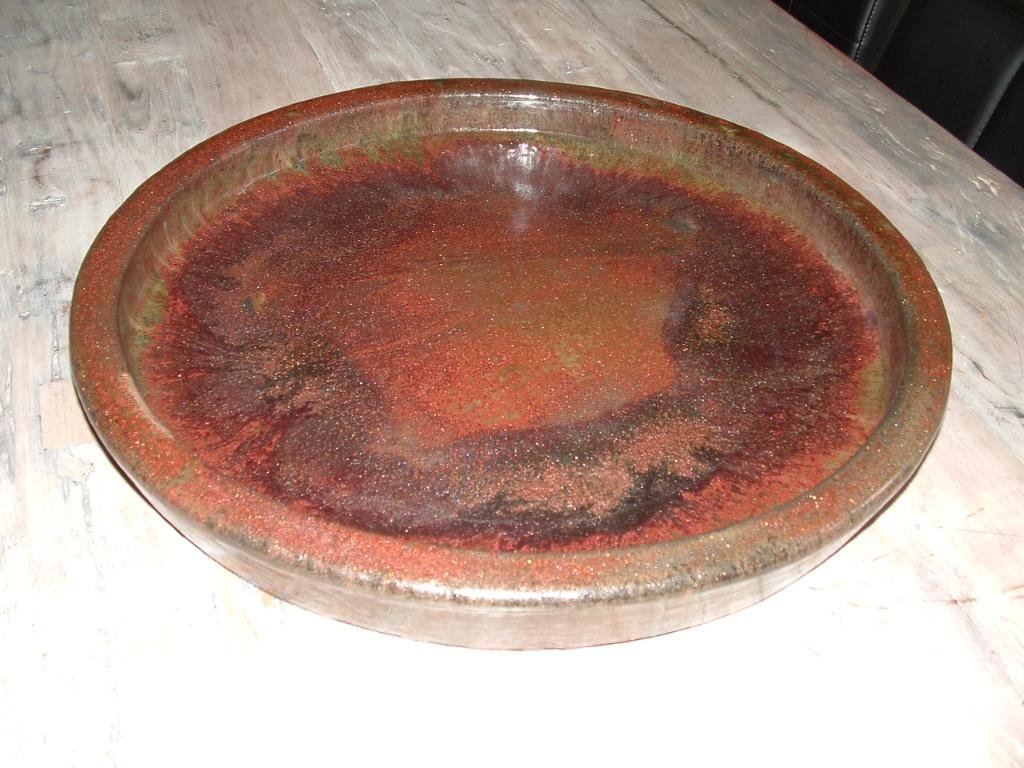 Prachtige ronde aardewerk schaal 47 cm glazuur bruin groen., Ophalen of Verzenden