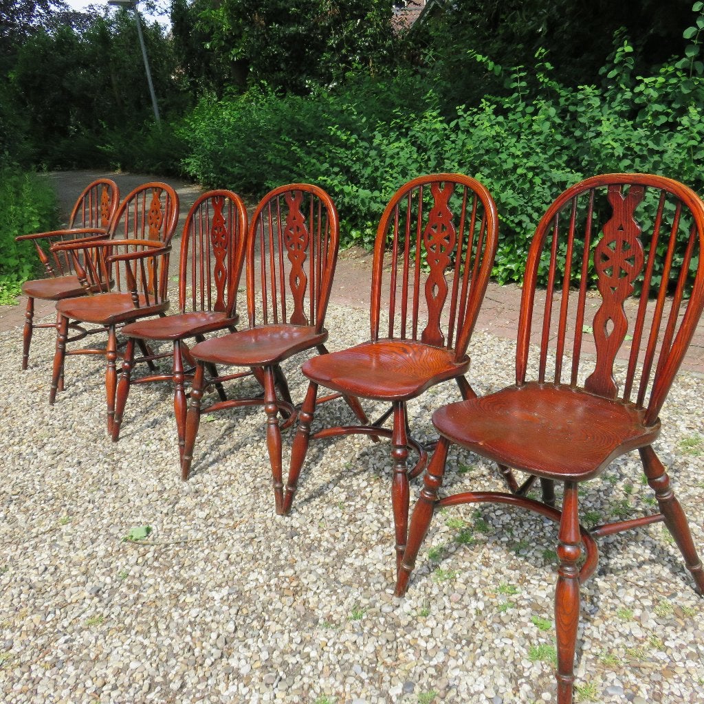 6 Engelse Antiek houten Windsor stijl stoelen, 2 armleuning, Antiek en Kunst, Antiek | Meubels | Stoelen en Banken, Ophalen