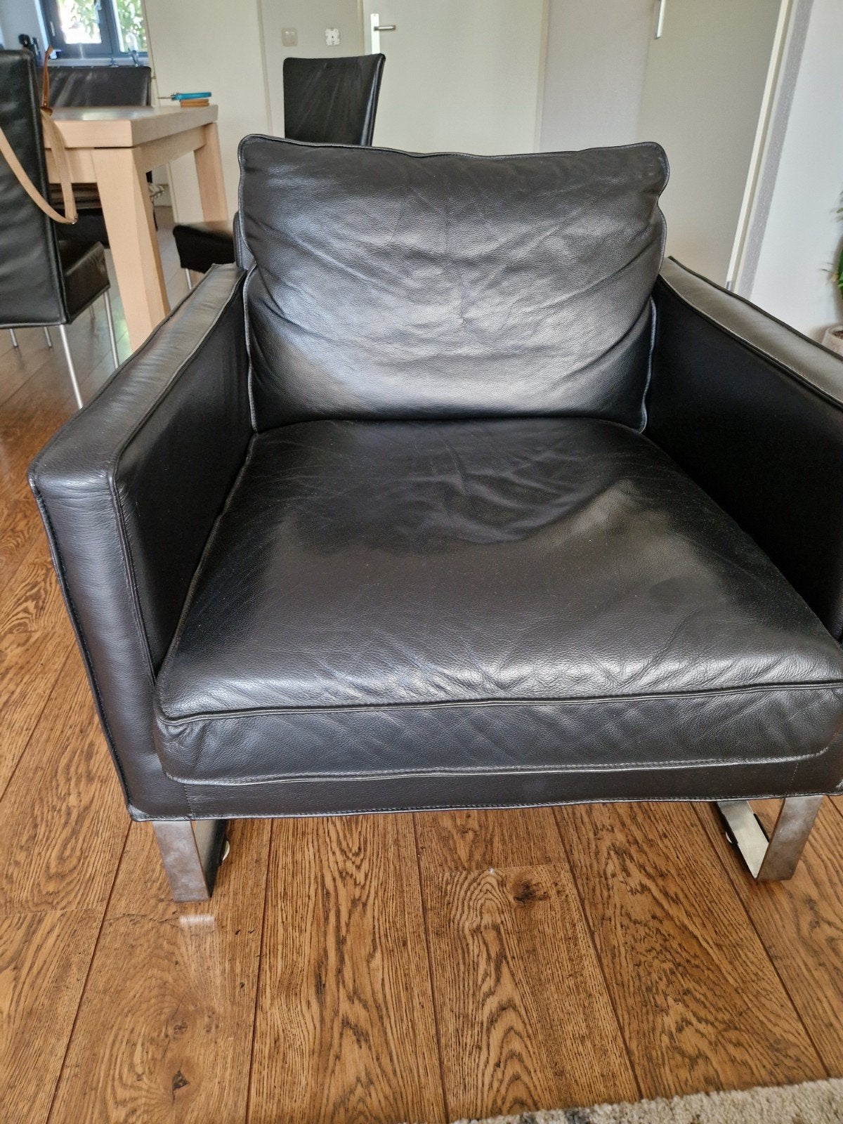 Zwarte leren Fauteuil, Ophalen, Gebruikt, 75 tot 100 cm, Leer