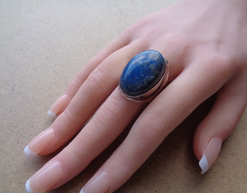 zilveren dames of heten ring met lapis lazuli [414], Verzenden, 19 tot 20, Zo goed als nieuw, Dame of Heer