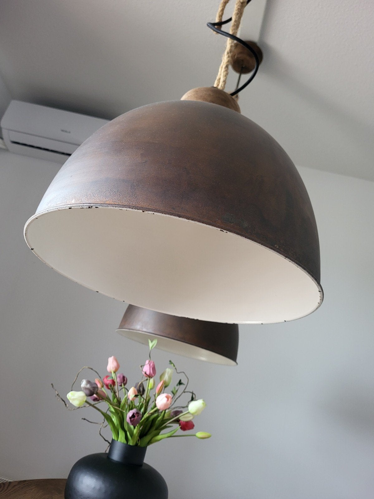 Set van 2 industriële hanglampen met touw en hout, Huis en Inrichting, Lampen | Hanglampen, Ophalen of Verzenden, Zo goed als nieuw